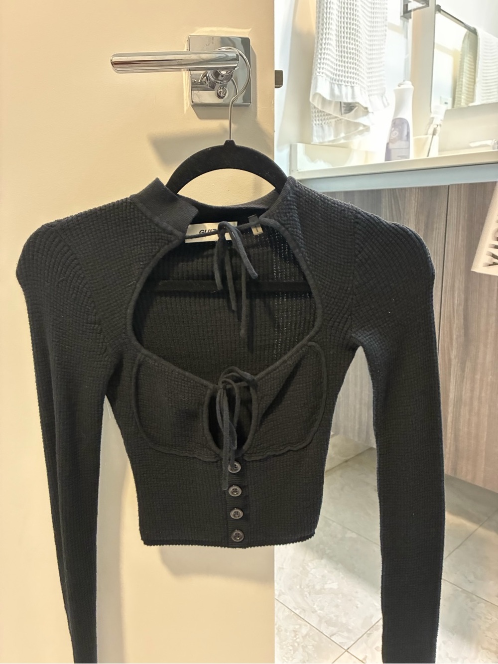 Danielle Guizio Black Cutout Tie-Front Long-Sleeve Crop Top
